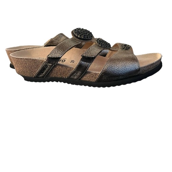 Mephisto Shoes - MEPHISTO Metallic Gold Leather Beaded Three Strap Sandals